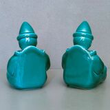 Pair of Art-Deco BookEnd Clowns drowsy in front of a book - glazed ceramics - 1930/1940