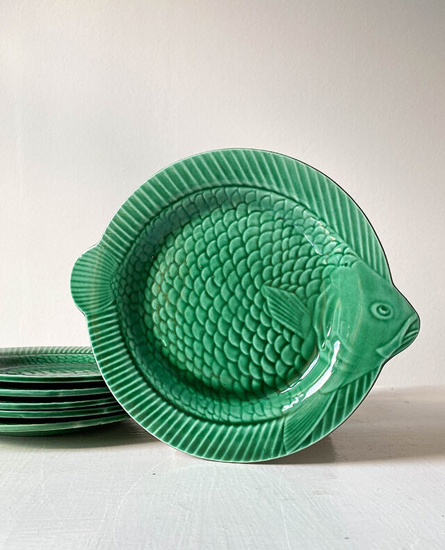 Set of 6 flat plates green fish