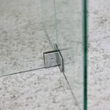 Modernist console, 1960s, glass base, wooden and fabric top.