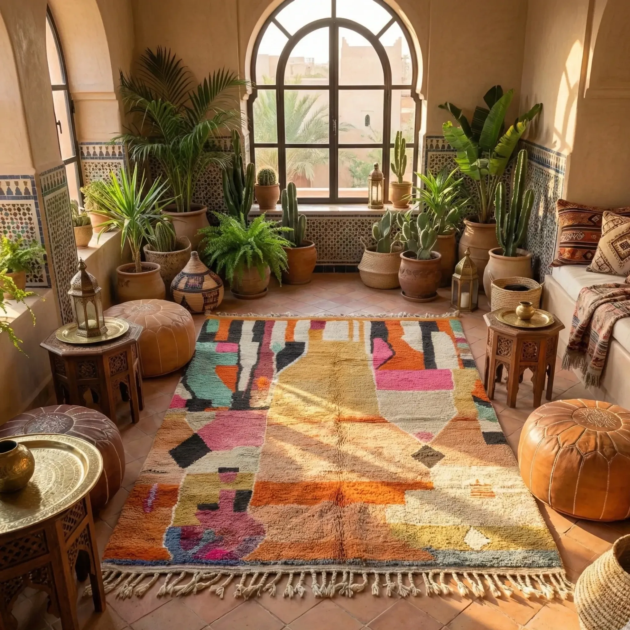 Moroccan handwoven wool rug in colour block peach, pink, teal, and orange, 122x183 cm.