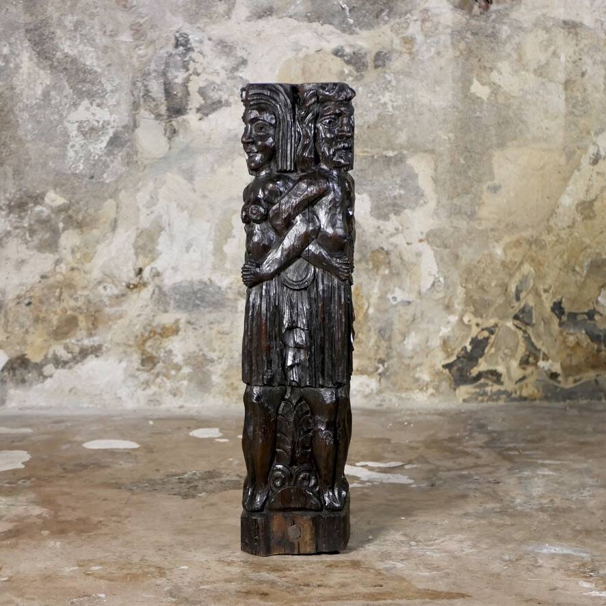 Adam and Eve wooden pedestal, religious art