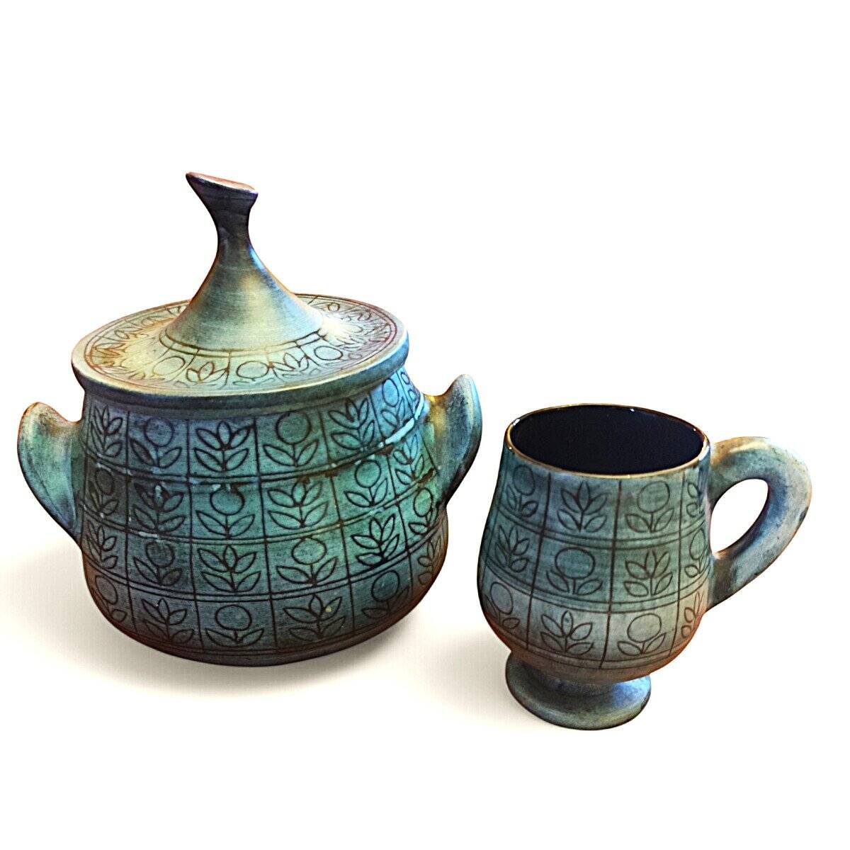 Large Patterned Cup on Matte Blue Glaze, by Jean De Lespinasse, 1950s / 1970s