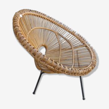 Ancien fauteuil vintage coquille en rotin de Franco Albini