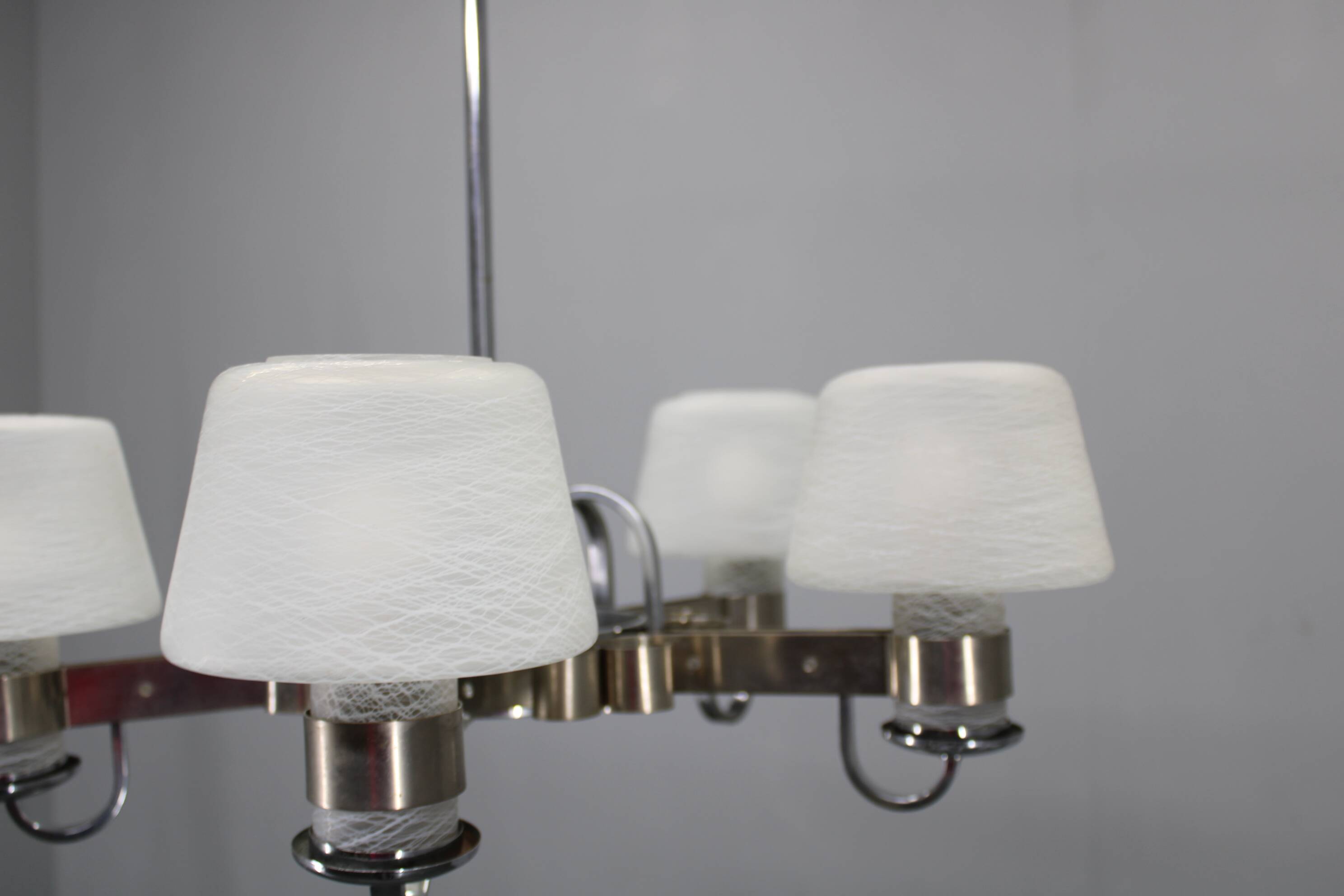 Art Deco nickel chandelier with textured glass, Czechoslovakia, 1930s