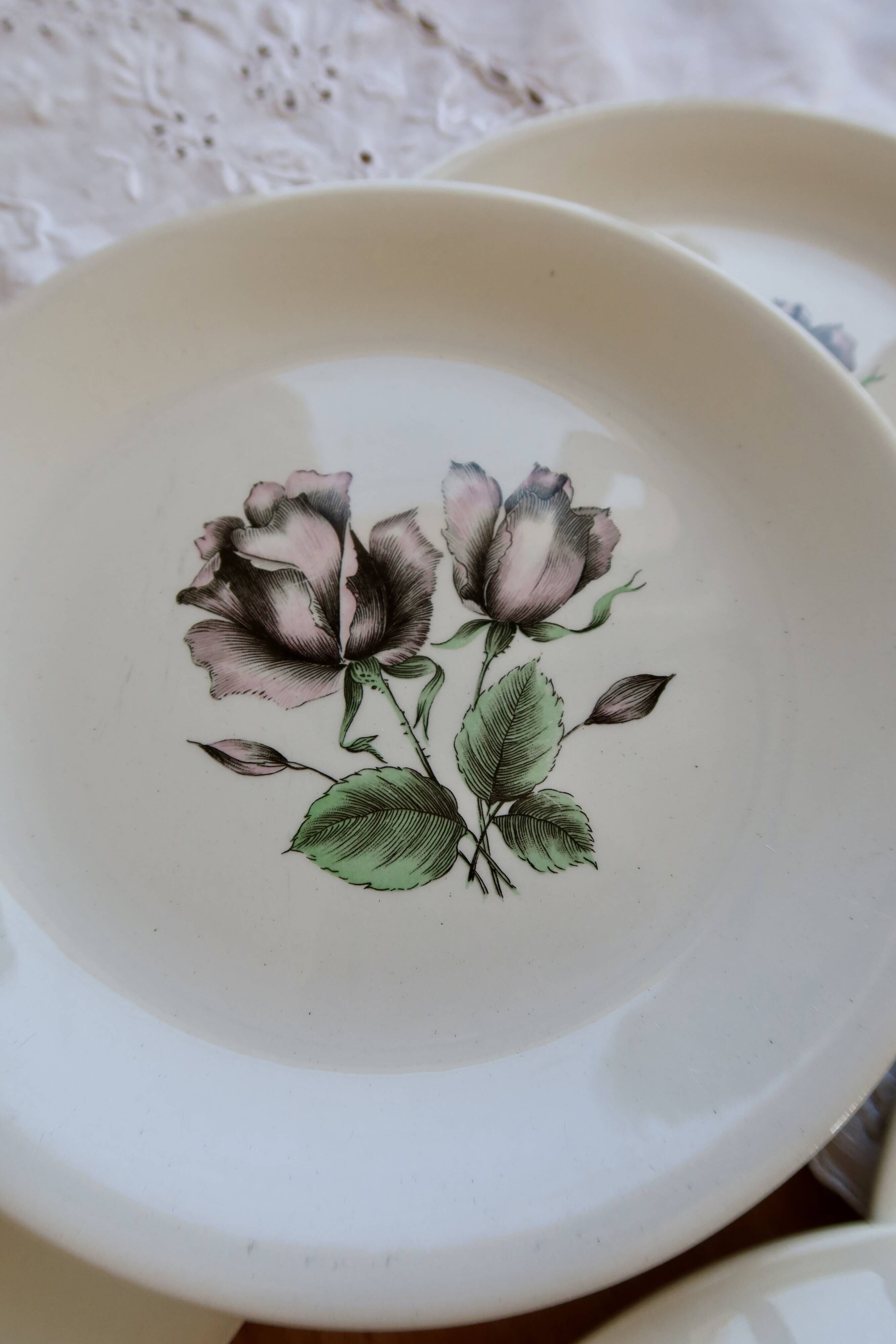 6 vintage porcelain dessert plates Moulins des Loups rose pattern