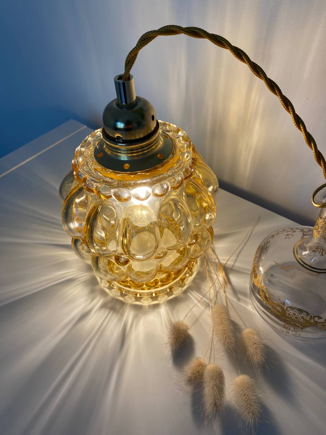 Walking lamp (or pendant light) with vintage amber glass globe