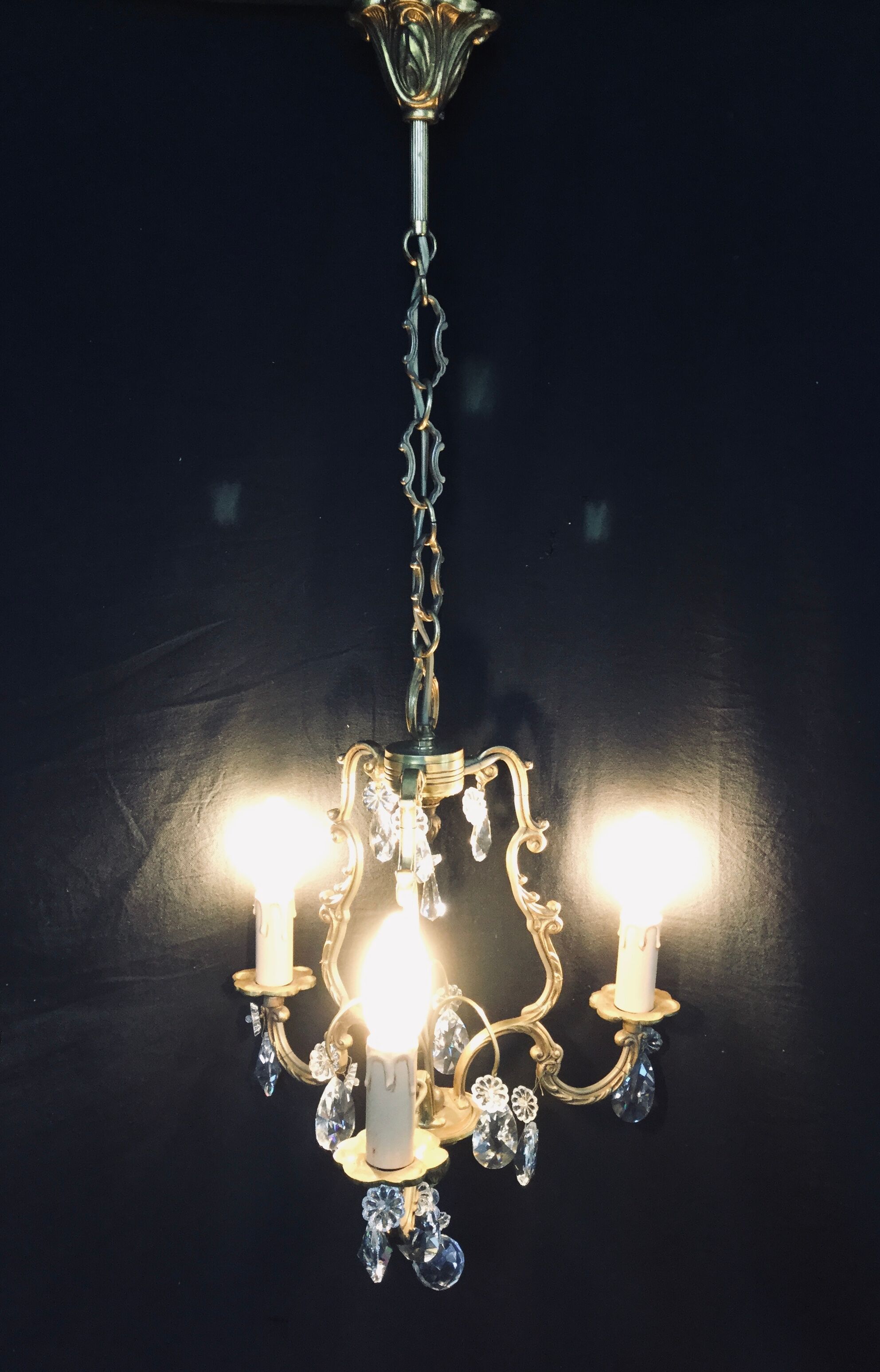Bronze and crystal 3 light cage chandelier