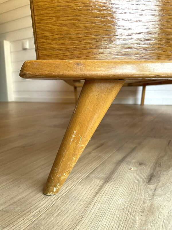 Lit bébé / Berceau vintage en bois et pieds compas - Design Mid-Century