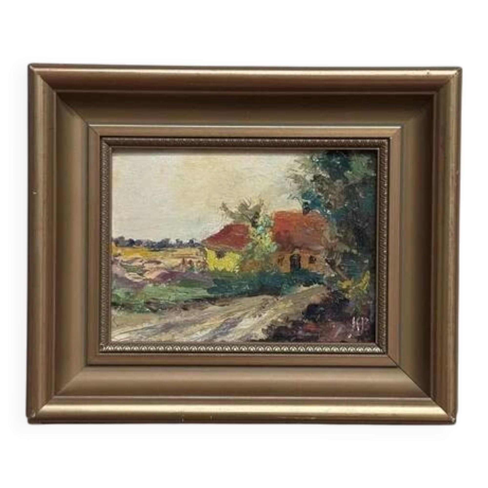 Huile sur panneau originale "Huts" par K.B, vintage et encadrée 30 × 25 cm