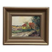 Huile sur panneau originale "Huts" par K.B, vintage et encadrée 30 × 25 cm