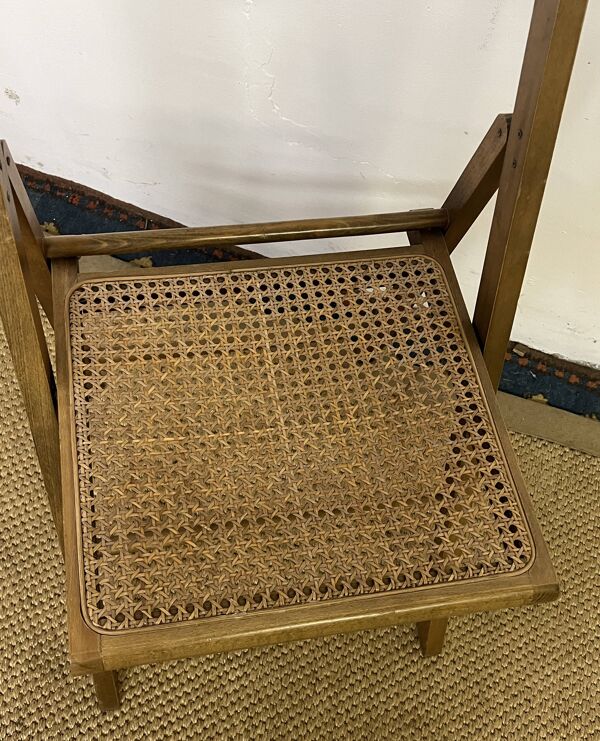 Chaise pliante en bois et cannage vintage