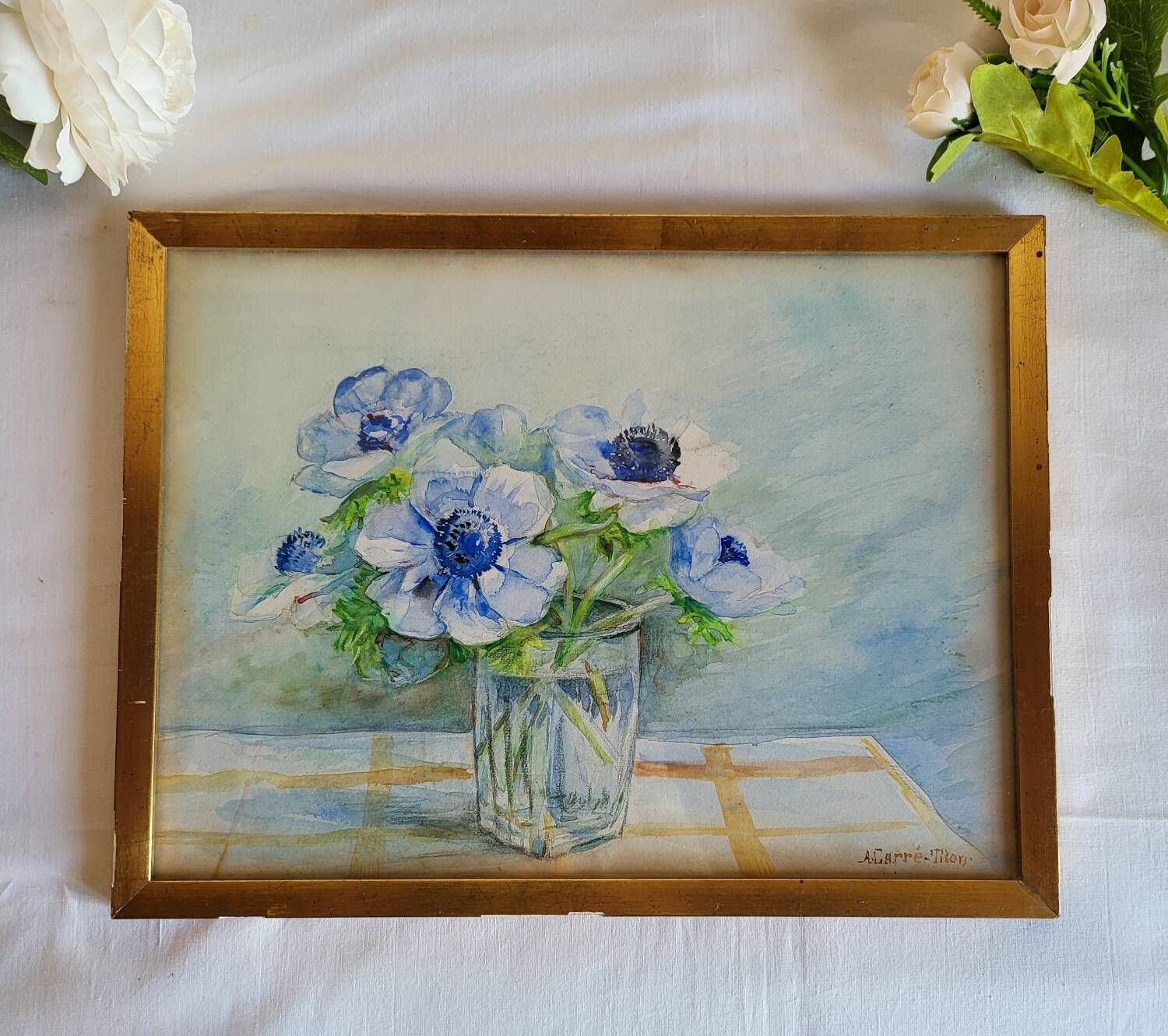 20th-century watercolor painting signed Carré-Tison, Bouquet of blue flowers
