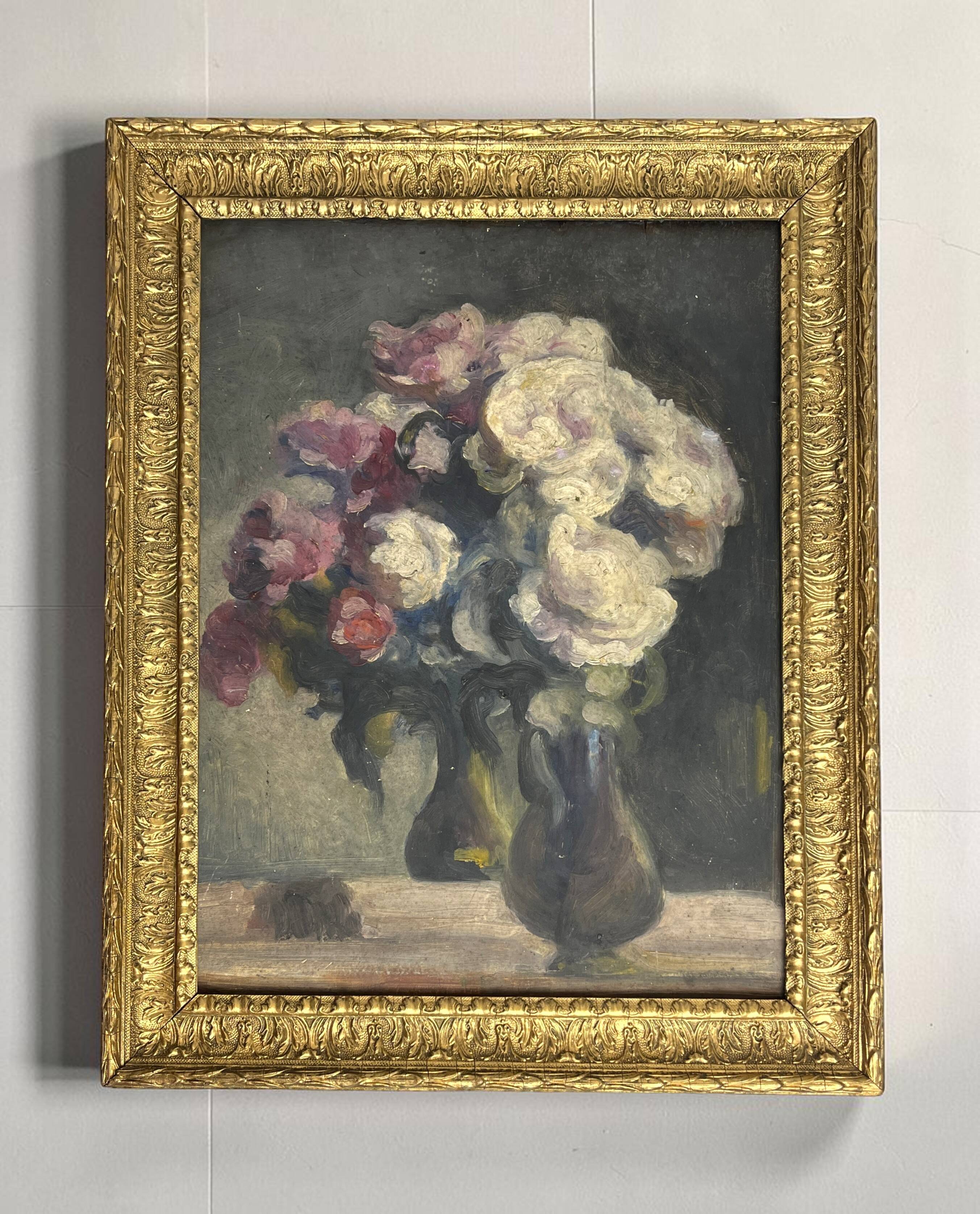 Oil on panel still life bouquet signed early 20th century.