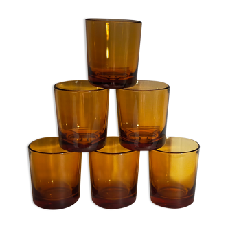 Six vintage amber glass whiskey glasses
