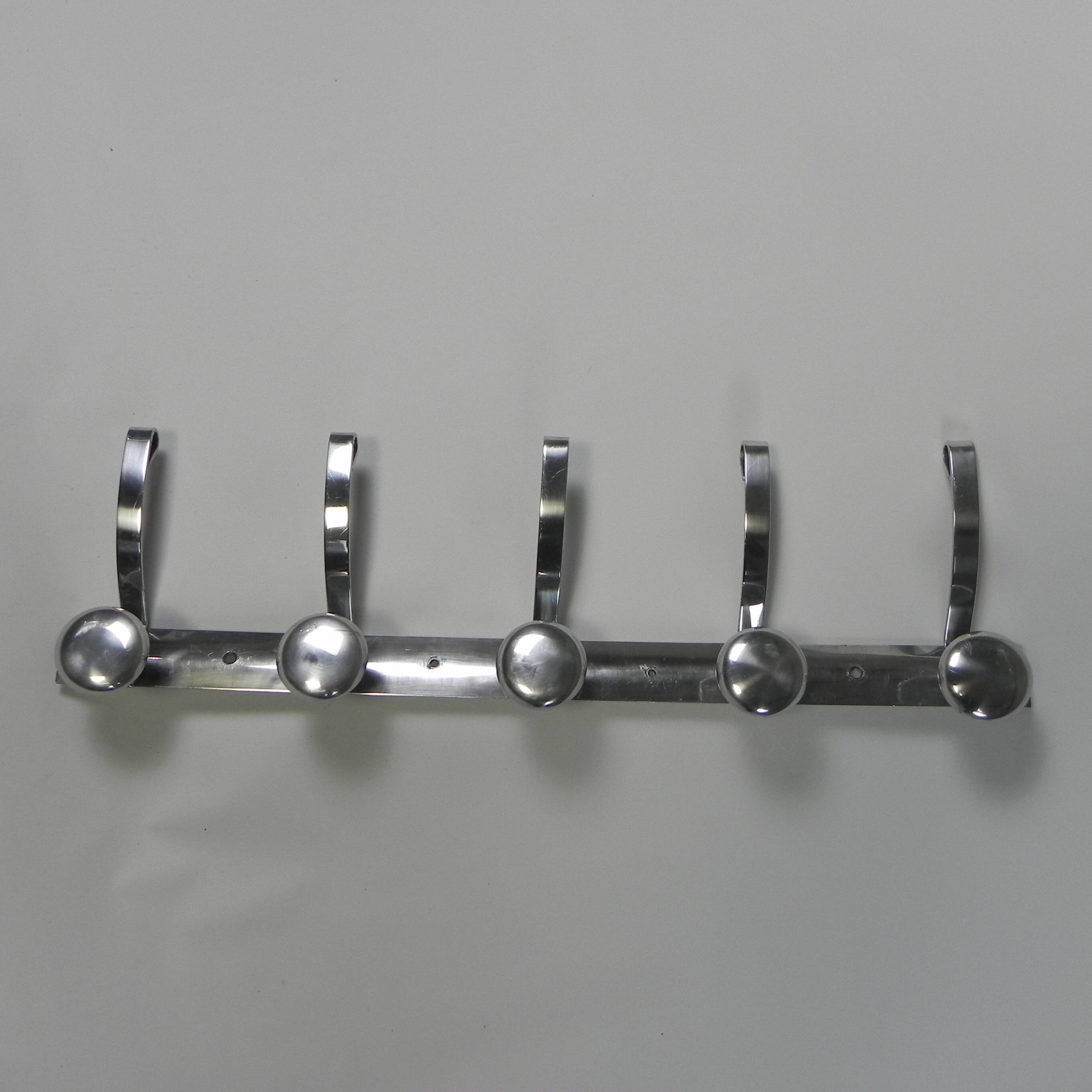 Aluminum vintage wall coat rack with 5 hooks, 1950s