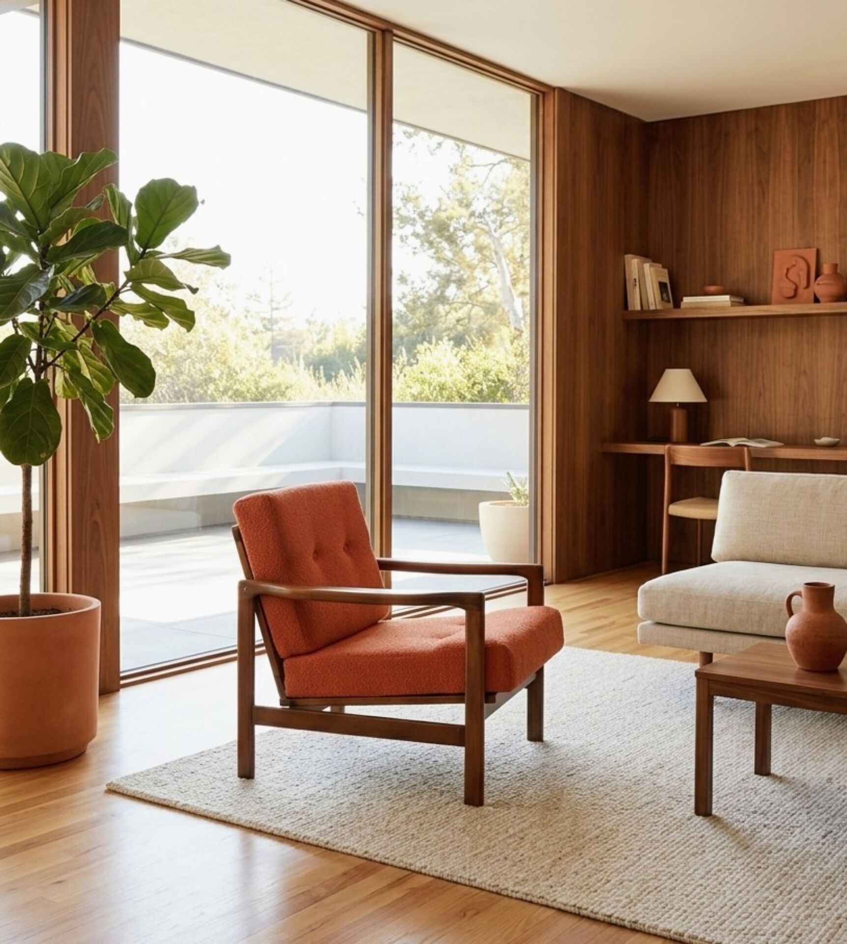 Modern long chair terracotta bouclé