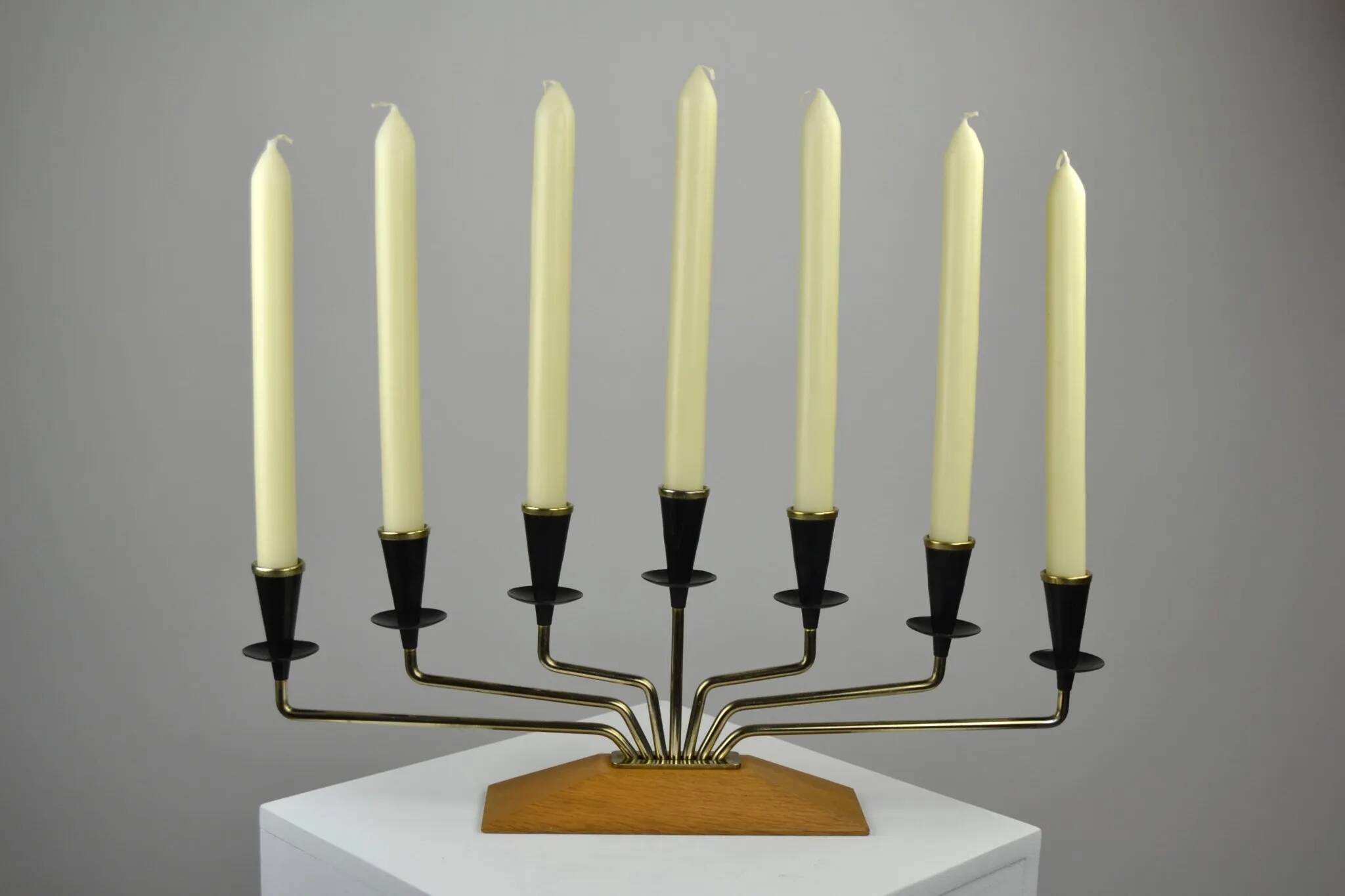 Brass, Black Painted Metal and Teak Candelabra by Gunnar Ander for Ystad-Metall, Sweden, 1960s