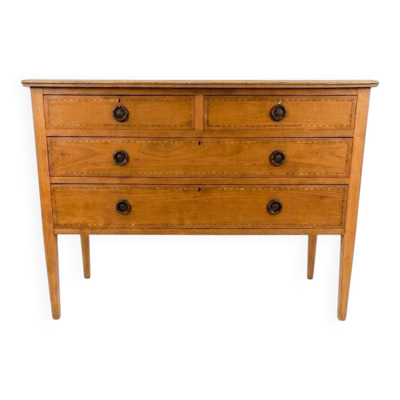 Commode style Louis XVI marqueterie décapé à quatre tiroirs,