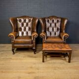Set of Chesterfield armchairs with footstool