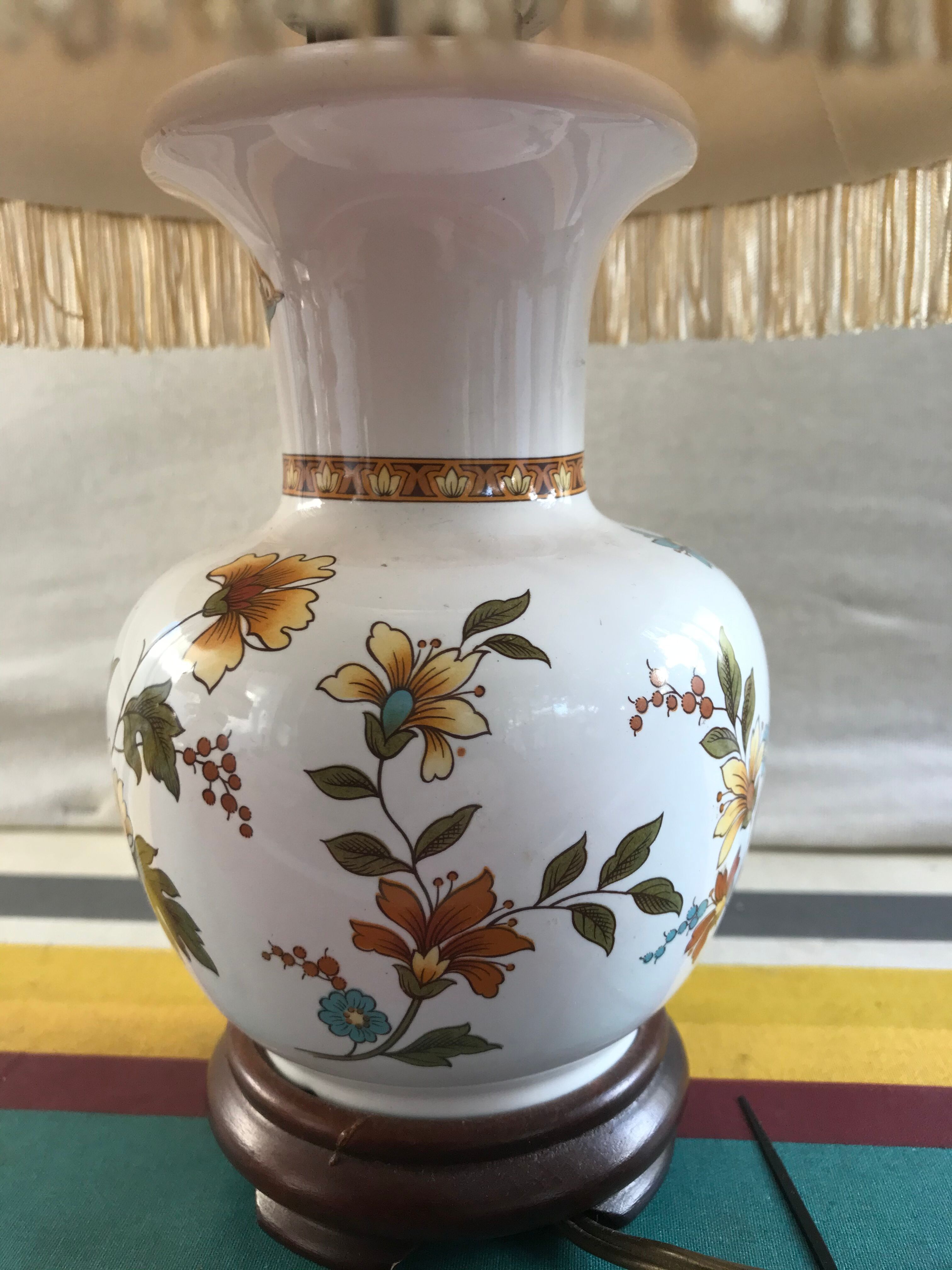 Pair of ancient ceramic lamp Moustiers style with vintage cream lampshades