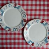 Digoin Sarreguemines, set of 2 dessert plates model Cyrnos geometric design red and blue