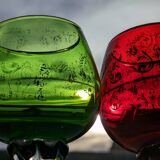 Set of 3 colored wine glasses - Ruby, red, green, gold and twisted foot
