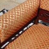 Vintage bench in wood and orange/ivory velvet.