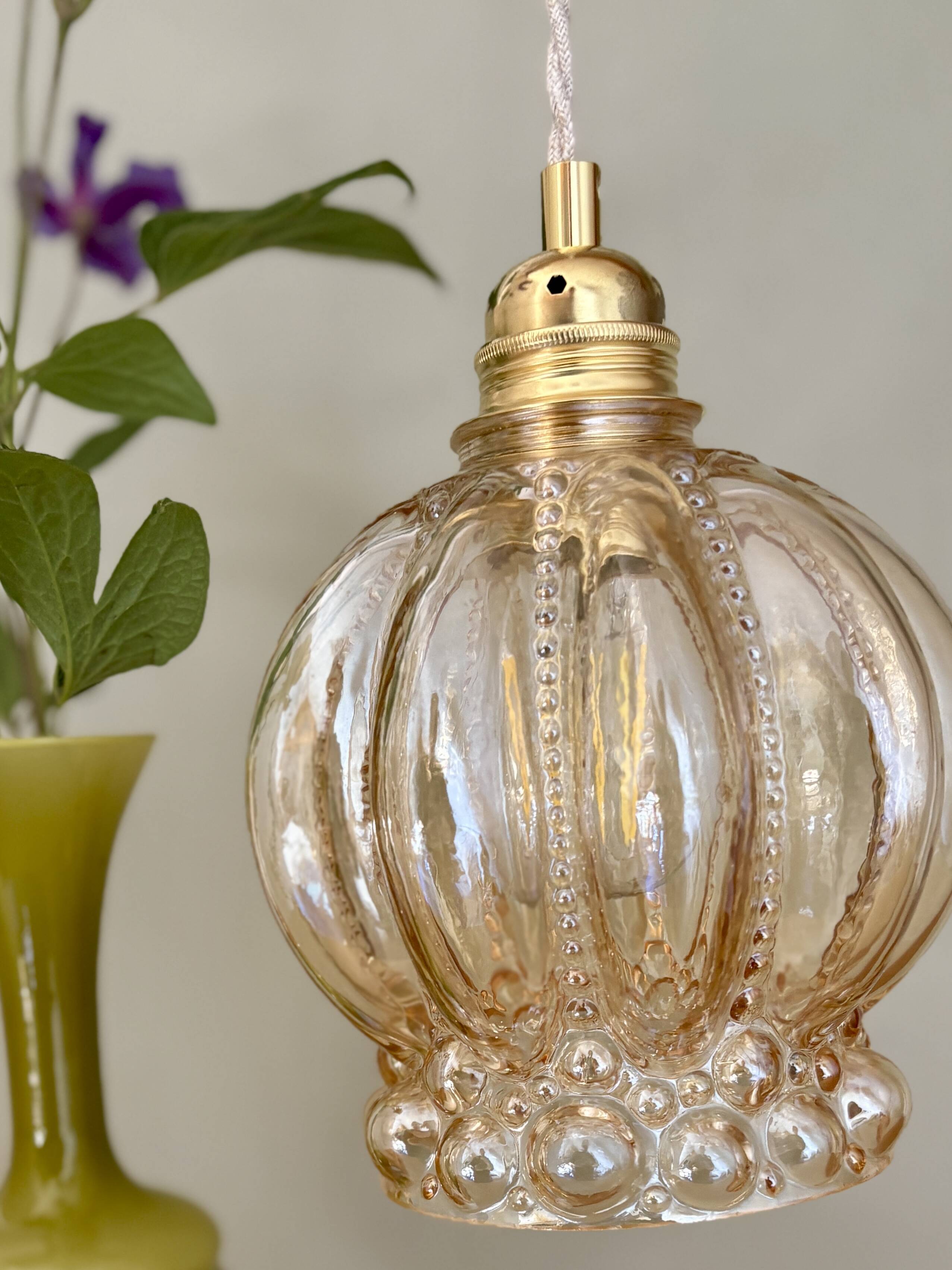 Vintage globe pendant light in amber bubble glass