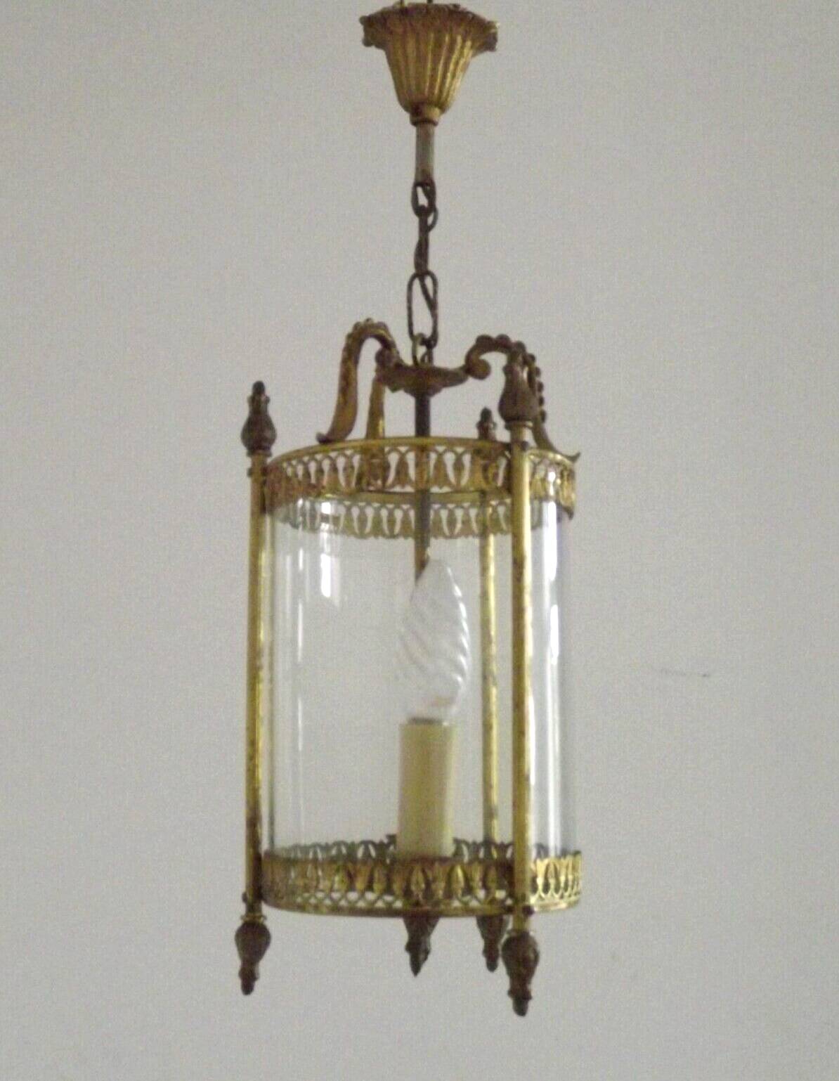 Vintage French Round Gold Metal and Brass 2 Light Lantern Ceiling Light 4724