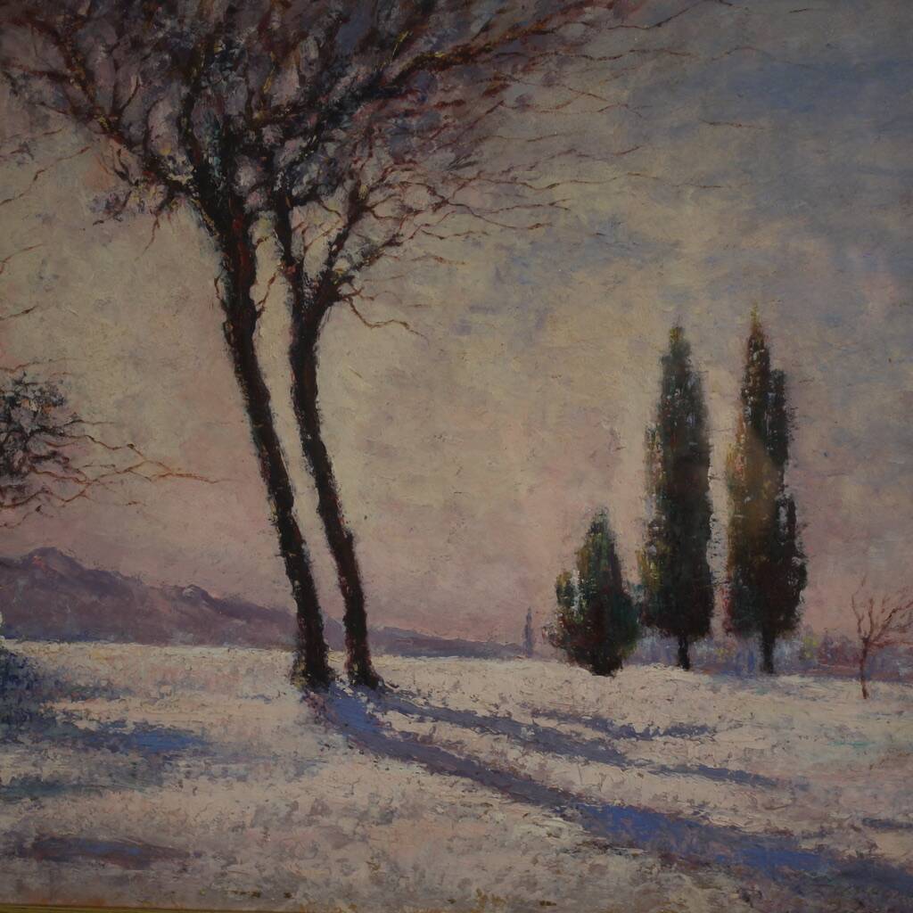 Peinture de paysage enneigé italien signée et datée de 1932.