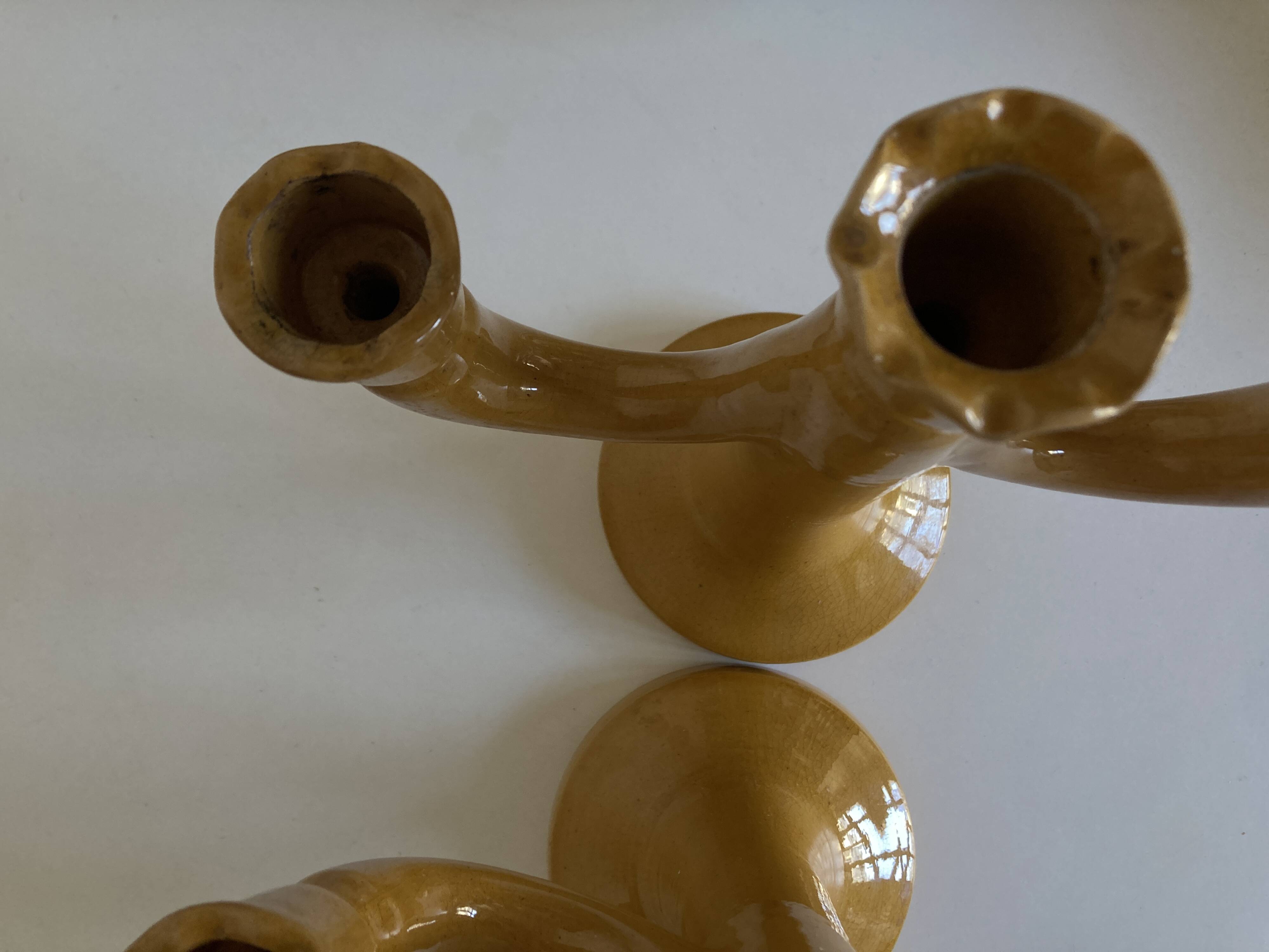Paire de bougeoirs en terre vernissée Pichon Uzès 1960