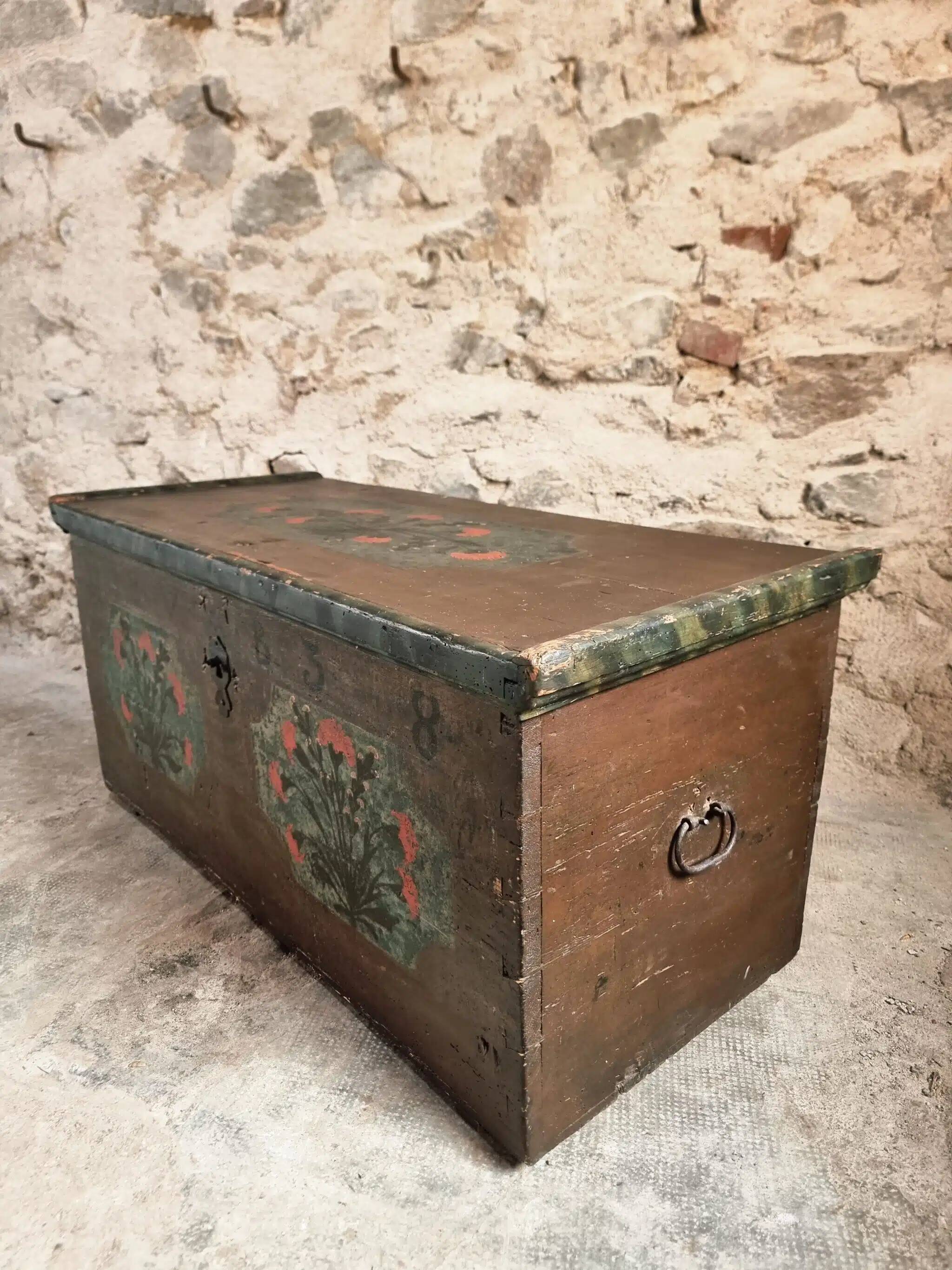 Antique French pine chest – 1838, painted folk art