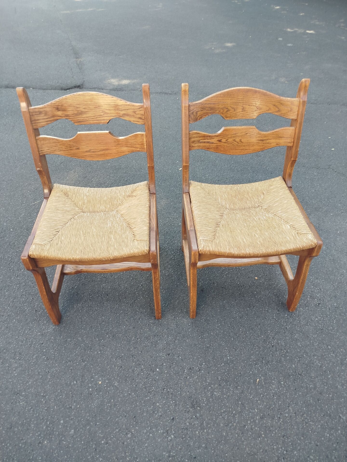 Pair of Brutalist Guillerme and Chambron Chairs in Solid Oak with Wove