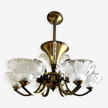 Art Deco chandelier in brass and glacier glass bowl