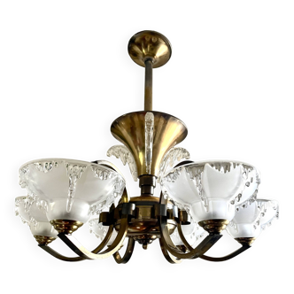 Art Deco chandelier in brass and glacier glass bowl