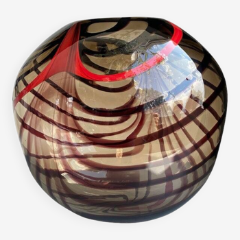 Abstract vase in smoked Murano glass and red reeds