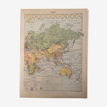 Lithographie sur la Terre de 1897, voies de communication, densité population et religions