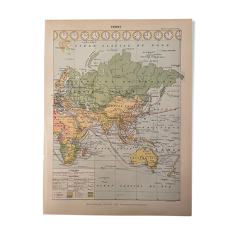 Lithographie sur la Terre de 1897, voies de communication, densité population et religions