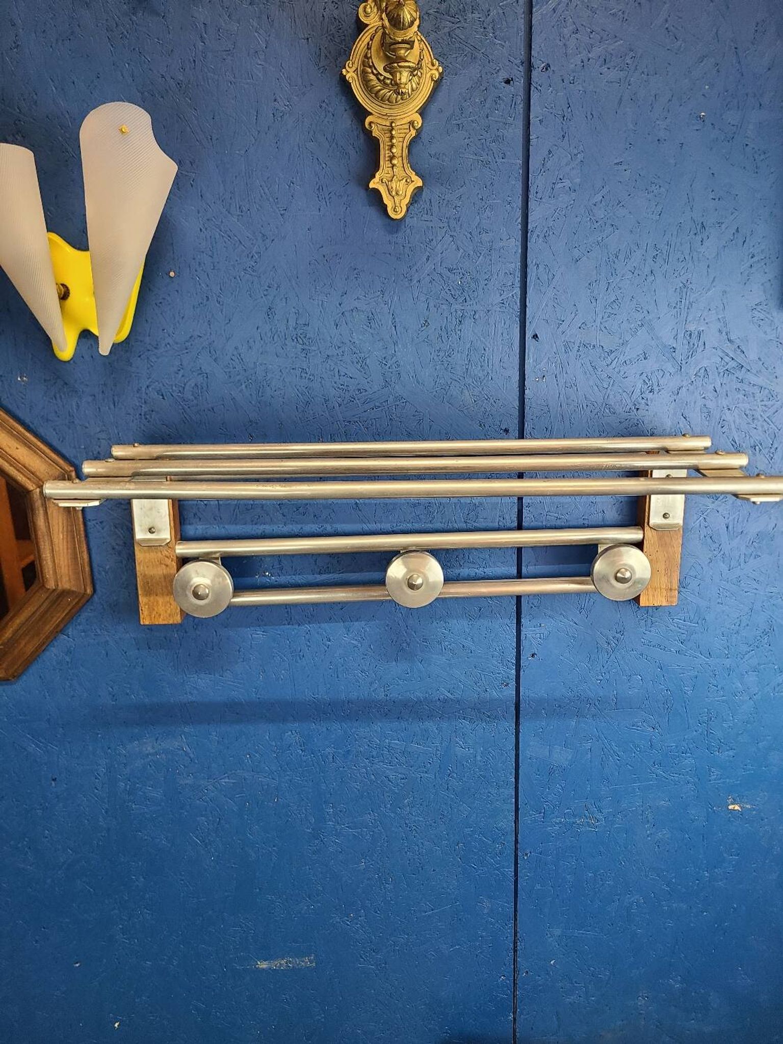 Coat rack, oak, vintage aluminum