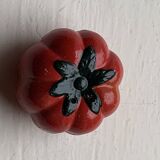 Salt pots and mustard pot, in enameled ceramic, slip, in the shape of a tomato, vintage