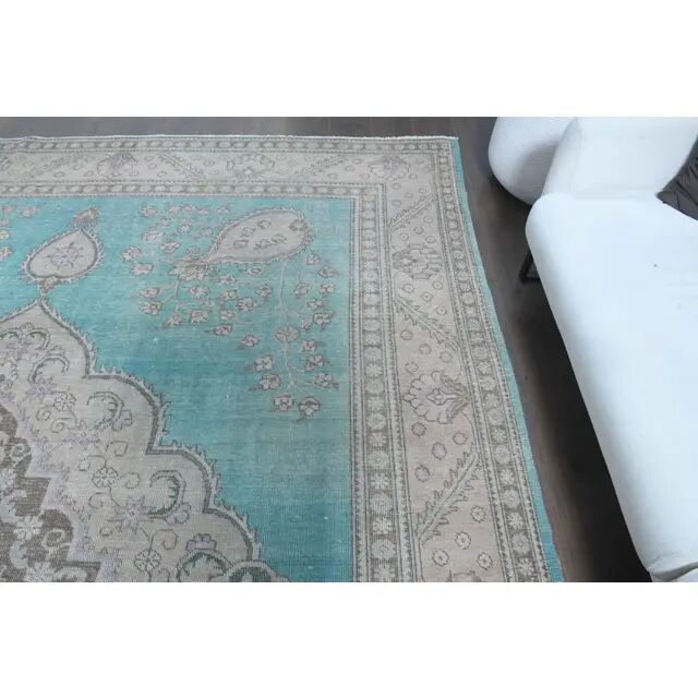 1960s Vintage Persian Handmade Wool Cotton Turquoise Area Rug 293x378