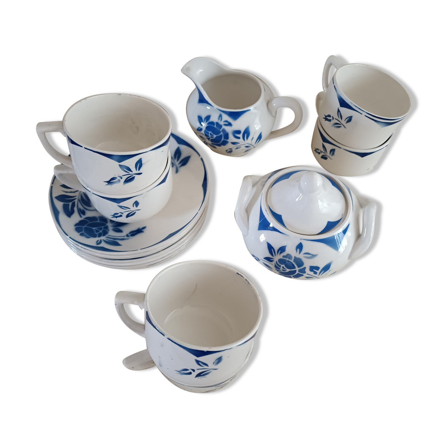 6 Digoin cups and saucers, sugar bowl and milk jug