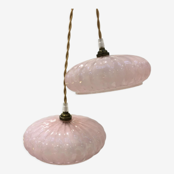 Pair of art deco suspensions in pink Clichy glass