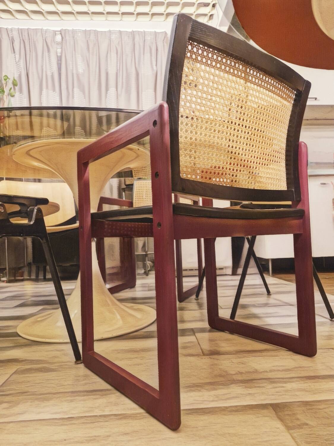 Pascal Mourgue rare set of 3 caned sleigh armchairs in lacquered wood for vintage 80s triconfort