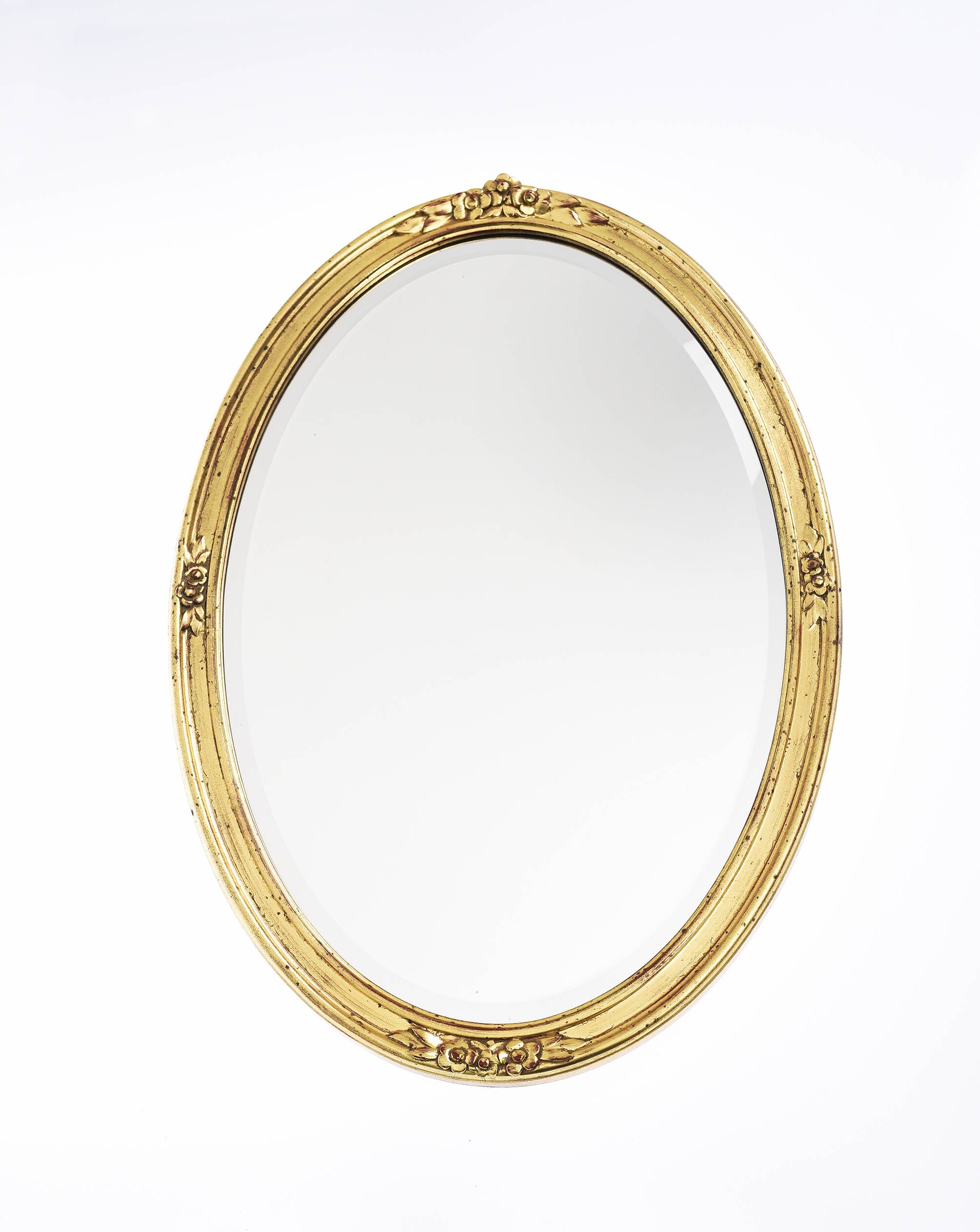 Large old oval gold leaf mirror, beveled, 64cm