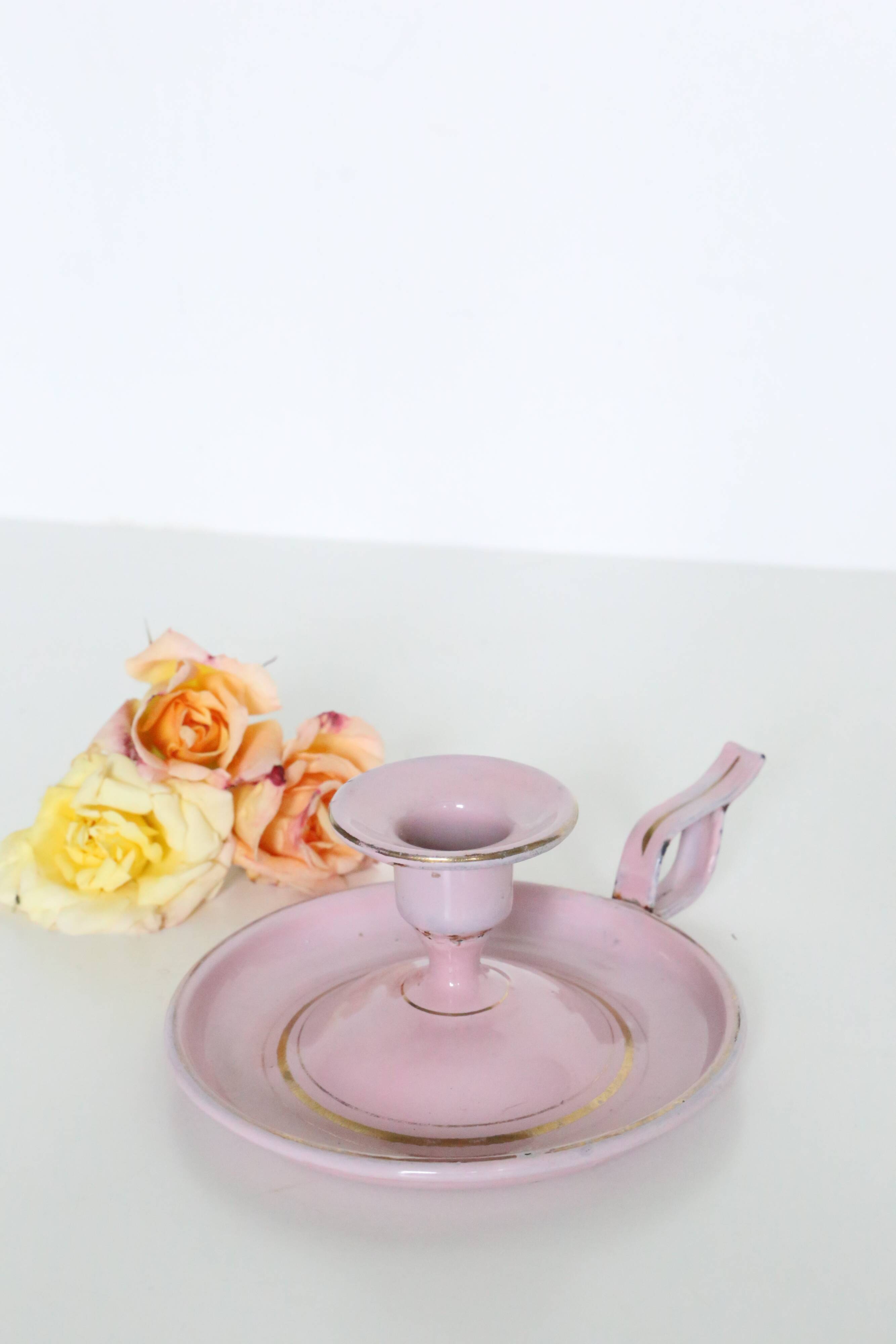 Pink cellar rat candleholder, enamelled metal, vintage