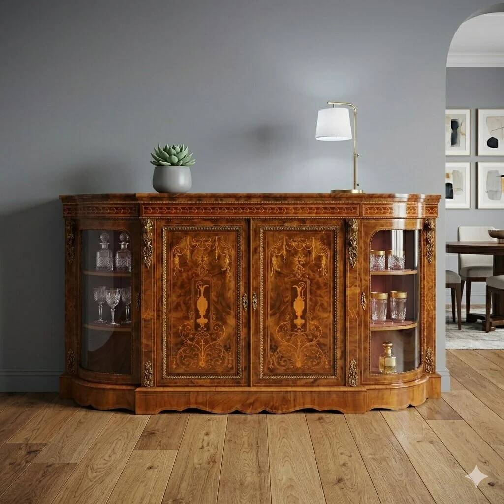 Antique walnut burl cabinet with inlays, United Kingdom, 19th century.