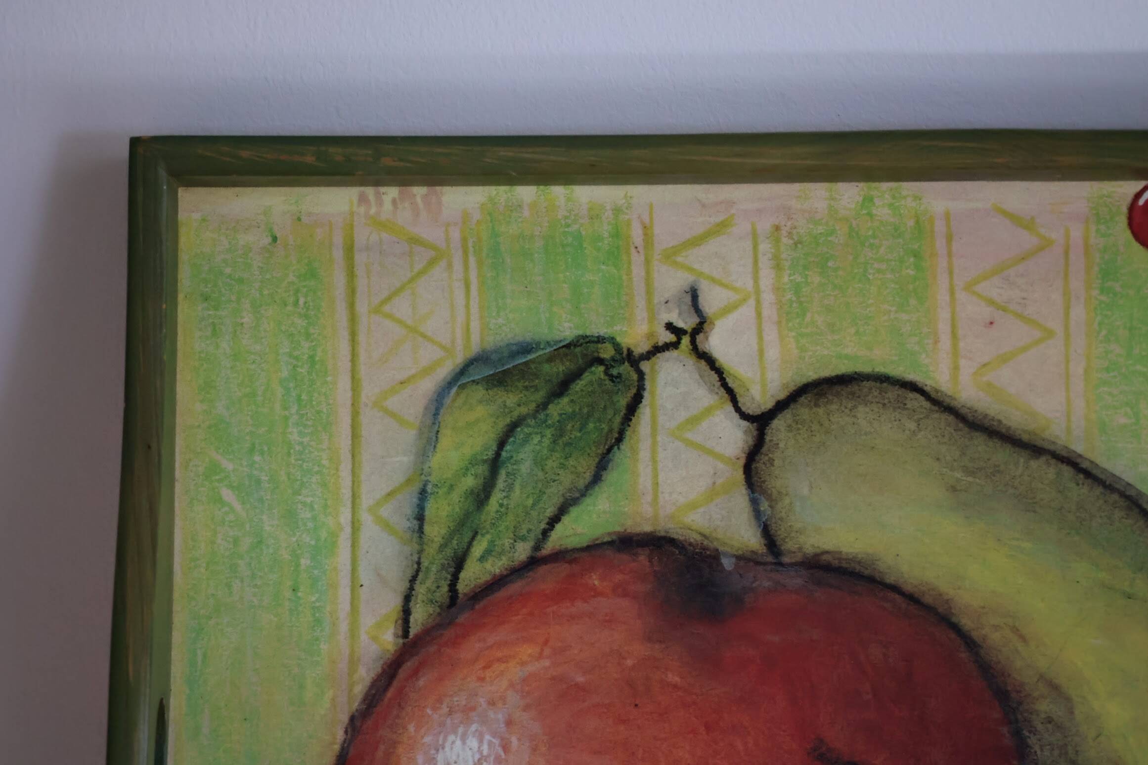 Wooden serving tray with fruit decor in green color