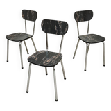 Set of 3 black marbled formica chairs from the 60s