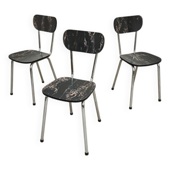 Set of 3 black marbled formica chairs from the 60s